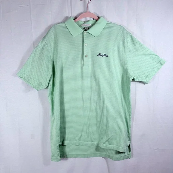 Men’s Peter Millar Golf Polo L Cotton Mint Green Striped Sea Island Logo - Picture 1 of 9